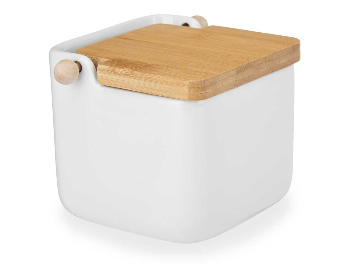 Salière Céramique Vessia Avec Couvercle Bambou - 12x12cm - Récipient Sel Noir Élégant