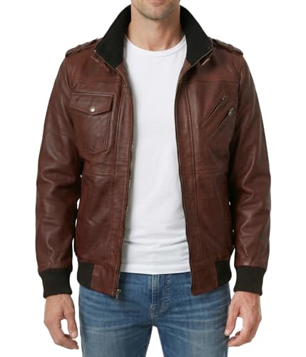 Image of Decrum Mens Leather Jacket - Detachable Hood Stylish Real Lambskin Leather Bomber Jacket Men
