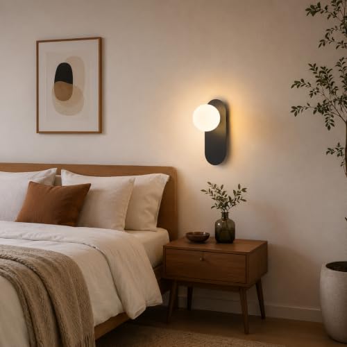 Image of Mid Century Modern Black Globe Wall Light Fixture for Bedroom | Milk Glass Sphere Lampshade,Matte Black Backplate,Warm Ambient Lighting,Up or Down Installation,Suit for Bedside and Corridor