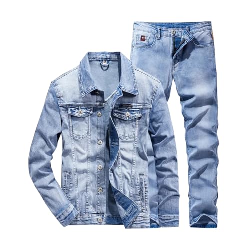 Men's Spring Autumn Single Breasted Denim Suit Slim Micro-Stretch Two-Piece Jacket Jeans Suit