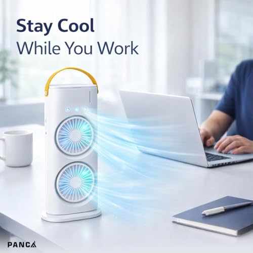 Image of PANCA Portable Double Head Spray Fan with Misting | USB Rechargeable Mini Air Cooler with LED Light | 3 Speed Cooling Fan with 280ml Water Tank, Touch & Remote Control for Home, Office, Car