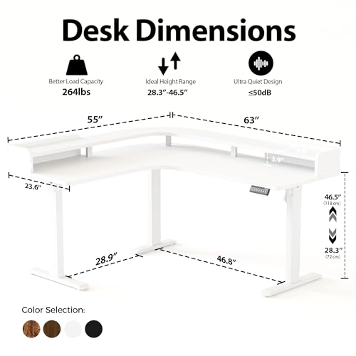 Image of Agilestic L Shaped Standing Desk, Adjustable Height Corner Gaming Desk with Shelf, Sit Stand Up Desk, 63 x 55 Inch Home Office Computer Table, White