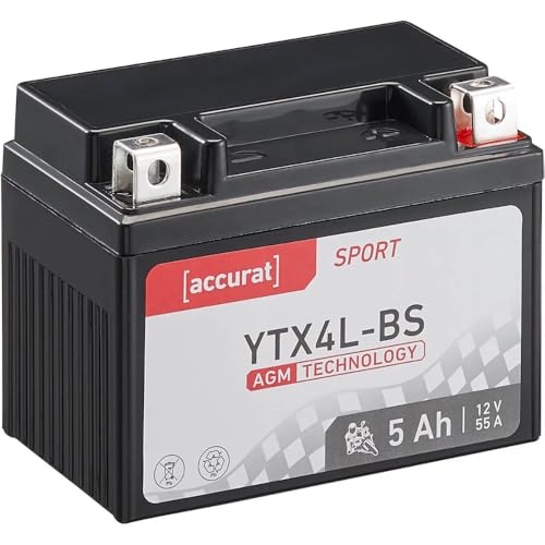 Accurat Motorradbatterie YTX4L-BS - 12V, 4Ah, 55A, rüttelfest, wartungsfrei - Starterbatterie, AGM Batterie in Erstausrüsterqualität für Rasentraktor, Roller, Motorrad, Quad