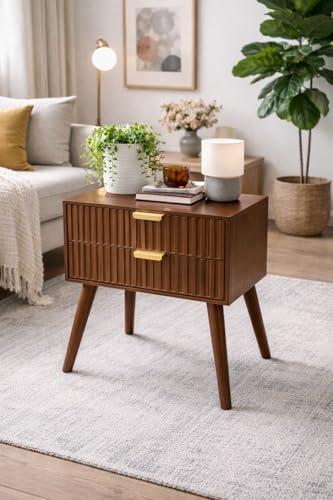 Image of Brown Art SHOPPEE Wooden Bedside Table for Bedroom | Line Design Bed Side Nightstand Lamp Table with 2 Drawers for Home | Side Table for Living Room | Premium Engineered Wood & Wood Legs (Brown)