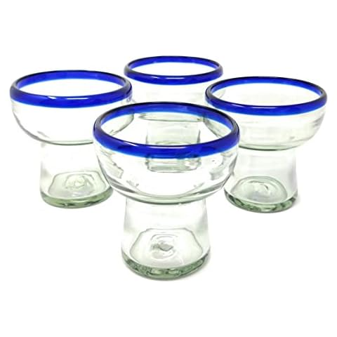 Dos Sueños Mexican Hand Blown Glass – Set of 4 Hand Blown Stemless Blue Rim Margarita Glasses (14oz) Cover