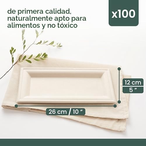Miniatura 2 de Haago 100 Platos Desechables Rectangulares De Caña De Azúcar 26 X 12 Cm Bandejas De Bagazo, Resistentes, Antigrasa Y Antifugas Para Aperitivos, Canapés, Buffet, Catering, Bbq Y Fiestas