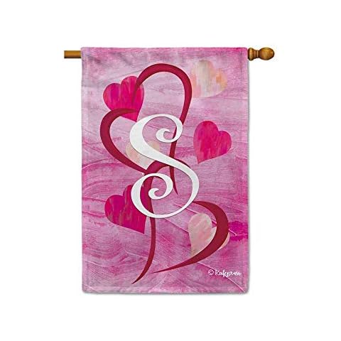 KafePross Red Pink Love Heart Valentines Day Decorative House Flag Initial Letter Monogram S Decor Banner for Outside 28x40 Inch Double Sided Cover