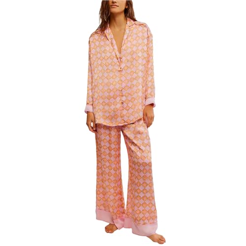 Image of Women Satin Pajama Set Floral Silk Pajamas 2 Piece Lounge Sets Button Down Shirts Wide Leg Pants Pjs Sleepwear