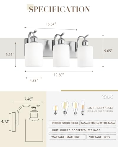 Image of Milk Glass Bathroom Light, 3-Light Vanity Light Fixture, Brushed Nickel Wall Sconce, VL01BNW-3
