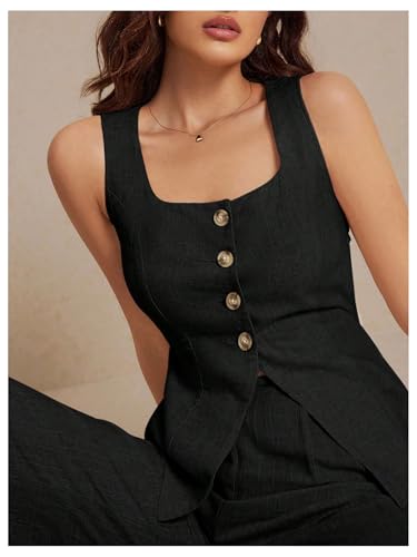 SHENHE Women's Linen Square Neck Button Up Tank Top Dressy Summer Vest Sleeveless Top3