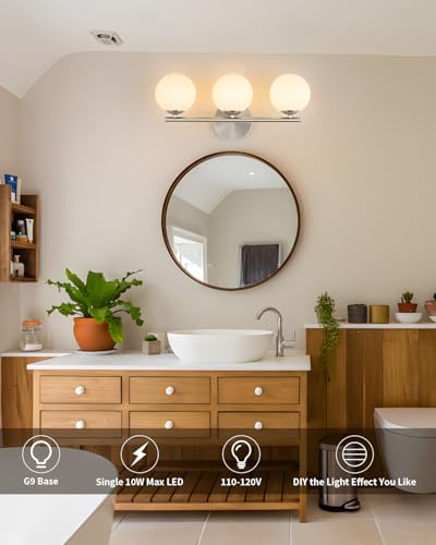 Image of foucasal Brushed Nickel Bathroom Light Fixtures Globe Vanity Light with Plastic Milk White Globe Shades 3-Light Wall Sconce Lighting above Mirror Vanity Lights for Bathroom Bedroom Hallway Living Room