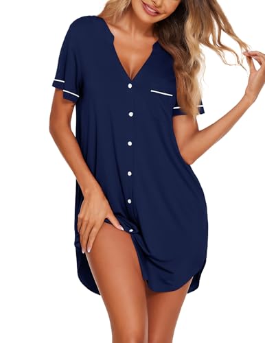 Image of Ekouaer Nightgowns for Women Button Down Night Gowns Short Sleeve Sleep Shirt V Neck Nightshirt Soft Sleepwear Pajams Dress