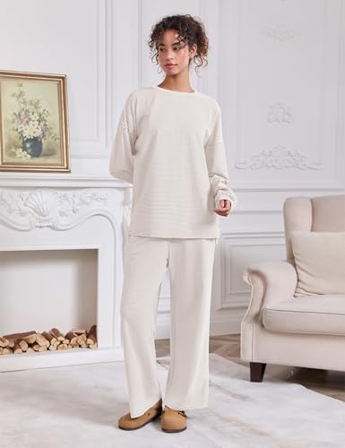 Image of MISSACTIVER Women's 2 Piece Striped Lounge Set Long Sleeve Oversized T-Shirt Wide Leg Pants Matching Pajamas Set