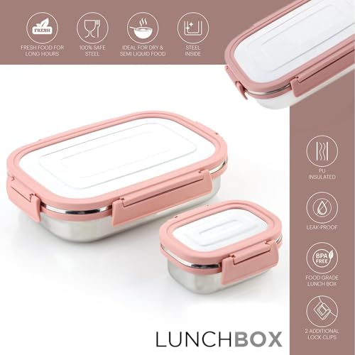 Image of Premium Stainless Steel Lunch Box, Combo, 700ml + 200ml, Leakage Proof /Airtight Containers Lunch Box for Office Use, Bento Lunch Box for Men /Women, 4 Side Clip Lock Lid - Blue /Pink