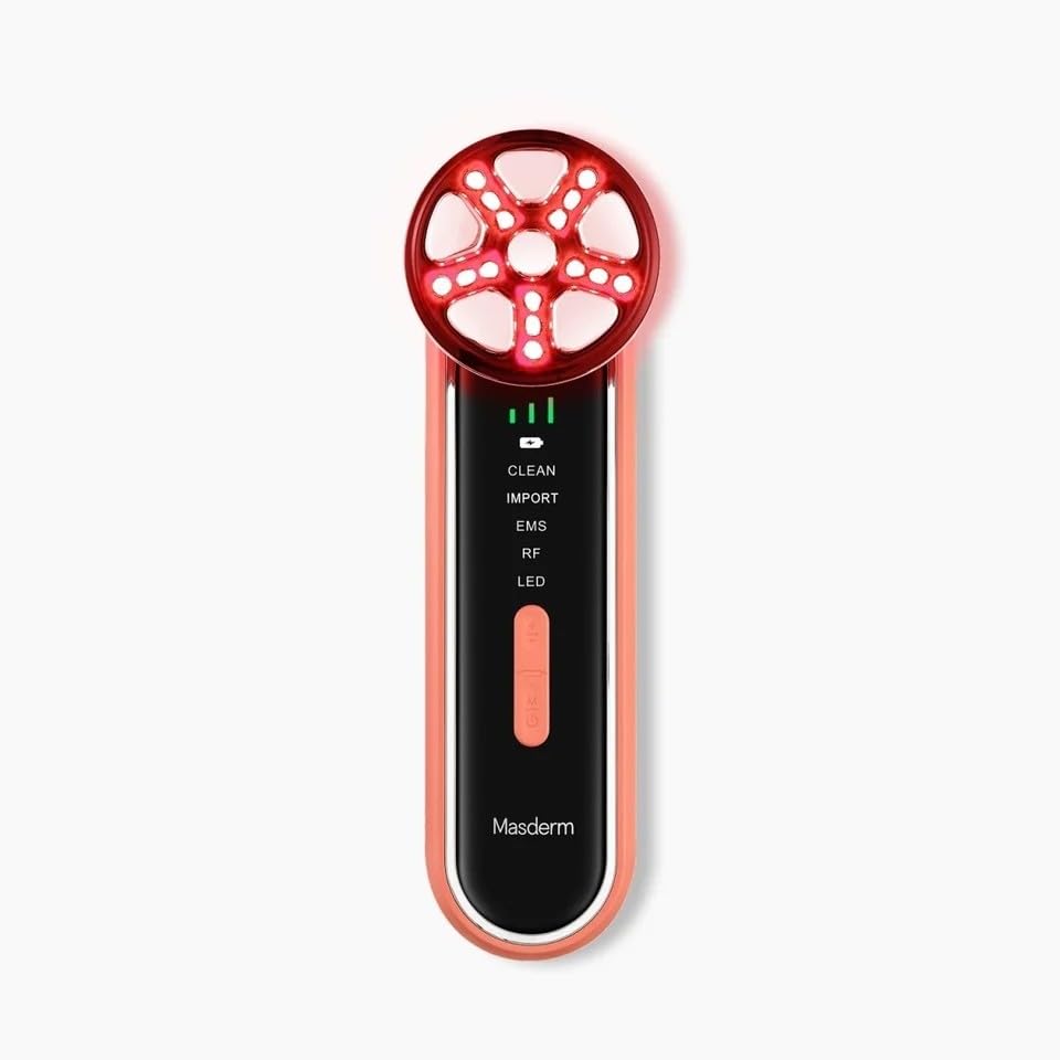 MASDERM - Masajeador Facial Eléctrico 4 en 1, Aparato de Radiofrecuencia con Luz LED, Tratamiento Facial Reafirmante y Antiedad Mujer, Efecto Lifting para Cara y Cuello, Piel Firme y Radiante