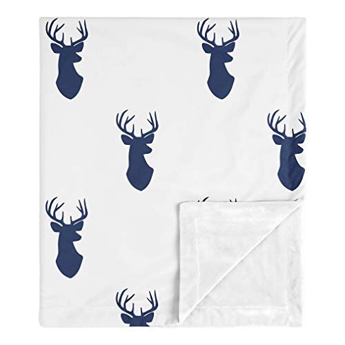 Image of Sweet Jojo Designs Stag Woodland Deer Baby Boy Receiving Security Swaddle Blanket for Newborn or Toddler Nursery Car Seat Stroller Soft Minky - Navy Blue and White
