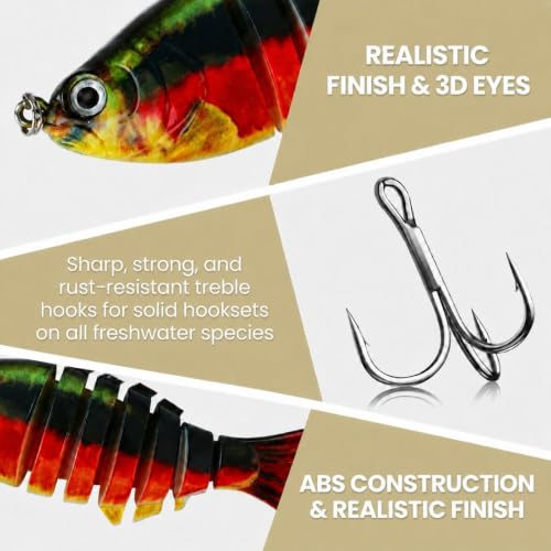 Image of Multi Jointed Swimbait Hard Lure, 3.7in Slow Sinking Fishing Lures with Realistic S-Shaped Swimming Action, Built-in Gravity Transfer System & #6 Treble Hooks for Bass, Trout, Pike, Topwater Lure