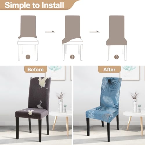 Image of SearchI Summer Pattern Dining Room Chair Covers Set of 4, Stretch Printed Parsons Chair Slipcovers Spandex Removable Washable Kitchen Chair Protector Cover for Dining Room, Hotel, Ceremony (Blue)
