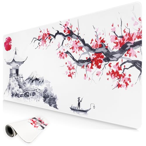 Niviy Tappetino Mouse,XXL Tappetino per Mouse 800x350mm con Motivo Fuji e Sakura,Mouse pad grande da gaming per tavolo,computer,desktop,PC(Bianco)