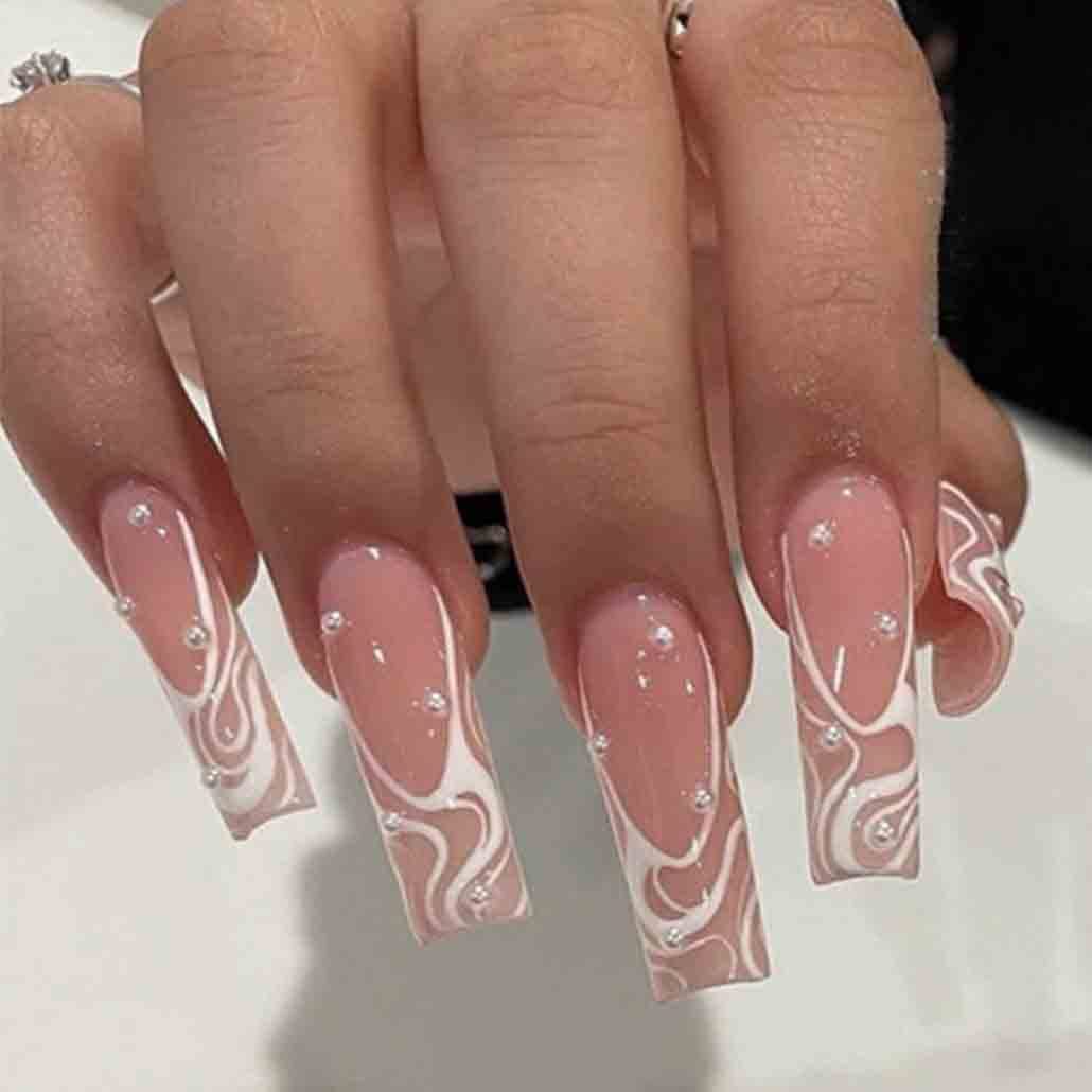 Foccna Square Press on Nails Long, Pearl Pink Fake Nails