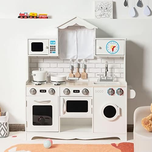 COSTWAY Kids Play Kitchen Set, Classic Wooden Pretend Cooking Food Set with Cookware Accessories, Stoves, Oven, Sink, Large Storage Children's Role Play for Girls Boys (White)