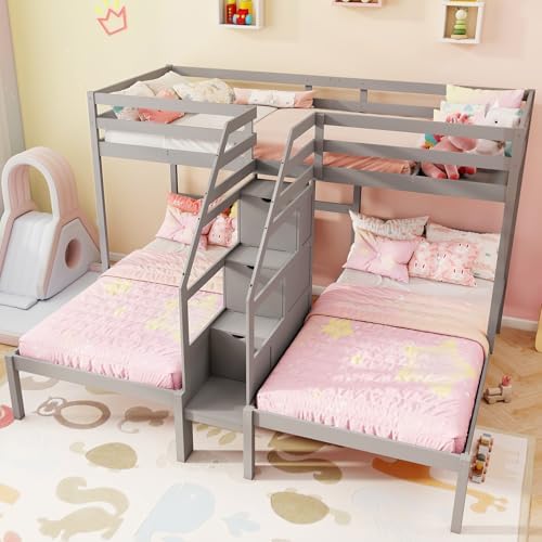 KOTEK Triple Bunk Bed with Stairs, Twin Over Twin & Twin Bunk Bed...