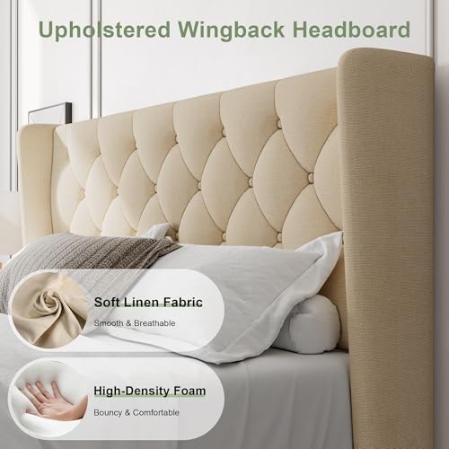 Image of Feonase Full Size Bed Frame with Upholstered Wingback Headboard, Platform Bed and Heavy Duty Wooden Slats Support, Easy Assembly, Noise-Free, No Box Spring Needed, Beige