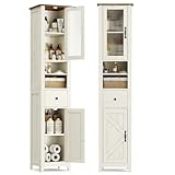 VASAGLE LIRY Collection   Armoire Salle de Bain Style Campagne, Meuble de Rangement Mince, Compartiments Ouverts, 1 Tiroir, avec Portes, Blanc Rustique et Marron Miel, 31,5 x 33 x 171 cm BBK660W101