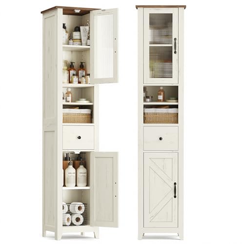 VASAGLE LIRY Collection - Armoire Salle de Bain Style Campagne, Meuble de Rangement Mince, Compartiments Ouverts, 1 Tiroir, avec Portes, Blanc Rustique et...