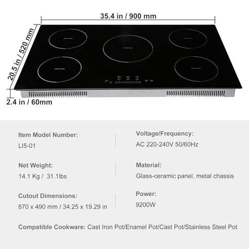 Image of VEVOR Electric Cooktop, 36 inch 5 Burners Induction Stove Top, 9200W Built-in Magnetic Cooktop, 9 Heating Level Multifunctional Burner, LED Touch Screen w /Child Lock & Over-Temperature Guard