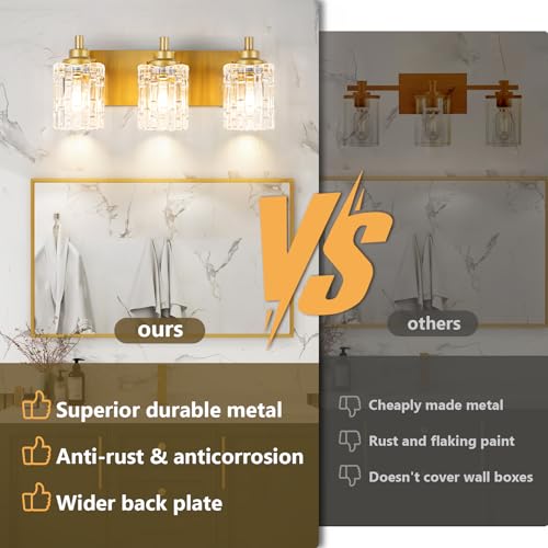 Image of Brushed Gold 3-Light Bathroom Vanity Light with Glass Shade | Luxury Brushed Gold Finish & Sparkling Crystal Glass. Hardwired, Fits E26 Bulbs (Max 60W). Easy to install