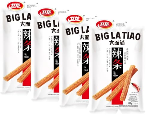 Weilong Big Latiao Snack 4 × 106 g Scharfe Weizensticks Hot & Spicy Würzige Asiatische Snack-Stangen Pikant Vegan & Halal Import aus China