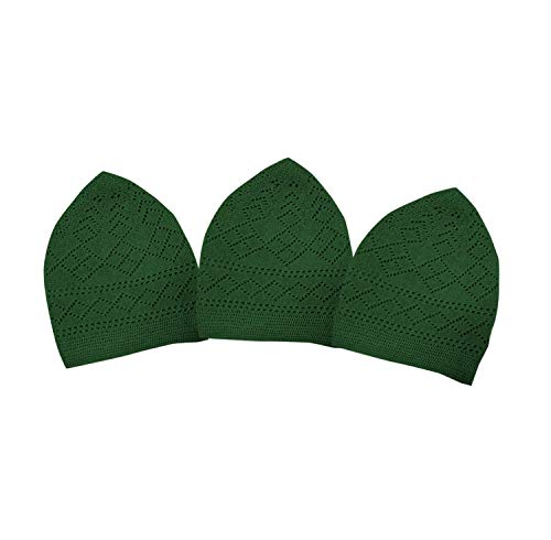 Eid Islamic Knitted Kufi Hats for Men Topi Prayer Hat Crochet Cap Taqiyah Takke Skull Beanie for Muslims, Prayers and Islamic 3 Set of Green