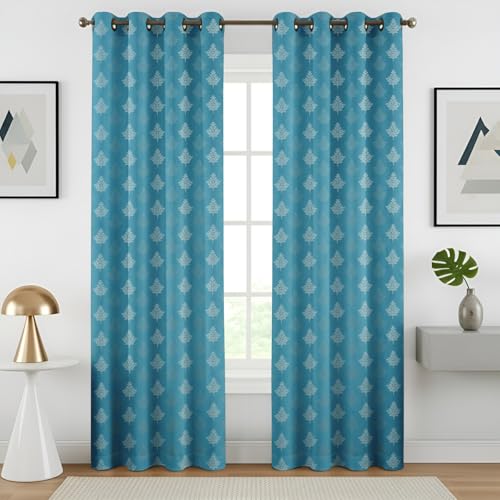 Image of Semi Room Darkening Curtains, Aqua, Tree Print, 4x7 ft, Set of 2