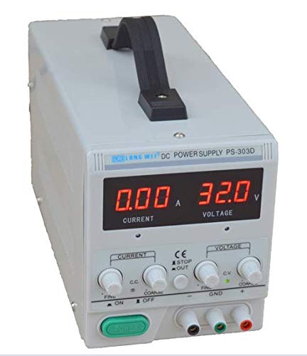 Close-up of the PS-303D front panel controls including voltage and current adjustment knobs.