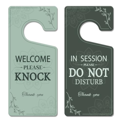 In Session Door Sign for Therapists - 2 Pack Please Do Not Disturb Door Hanger Sign for Therapy Consultation Treatment Double Sided PVC Welcome Please Knock Plaque 9x4(Grass Mandala)