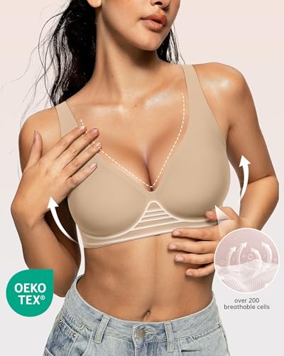 Image of OEAK Womens Deep V Bras Wireless Comfortable Bra Supportive No Underwire Bras Tshirt Push Up Bralettes Plunge Seamless Bra