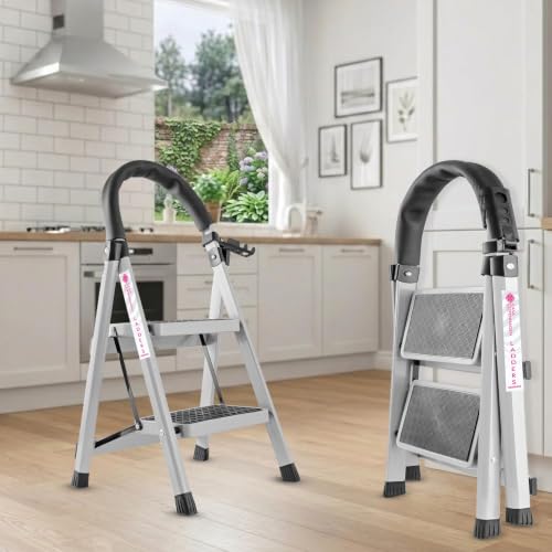 Image of Casa Copenhagen White 2 Step Ladder for Home Use with Built-in Tool Tray | Heavy Duty D Shape Rods | Ultra Large Platform | Wide Rubber Feet | 150Kg Capacity Foldable Ladder - 7 Years Warranty