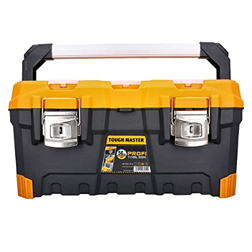 Tool Box 22" Inch 56cm Professional Heavy Duty Large Portable Mobile Tool Chest Storage Organiser with Removable Tote Tray Aluminium Handle Black & Yellow TOUGH MASTER