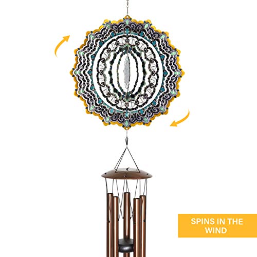 Exhart Blue Mandala Metal Spinner Wind Chimes - Art In Motion Mandala Spinner Wind Chimes Set As Outdoor Decor For Garden, Patio & Yard – Blue Windchime 10" L X 5” W X 41" H #TOP5