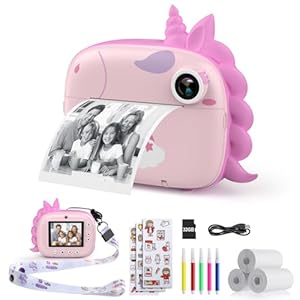 HiMont Kinderkamera Sofortbildkamera, Digitalkamera für Kinder mit Druckpapier & 32G TF Karte, VideoKamera mit farbigen Stiften & Lustige Accessoires, Geschenk für Kinder 3-14 Jahren (Rosa)