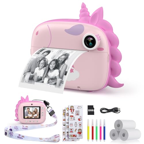 HiMont Kids Camera Instant Print, Digital Camera for Kids with No Ink Print Paper & 32G TF Card, Selfie Video Camera with Color Pens for DIY, Fun Gift for Girls Boys 3-14 Years Old (Pink)