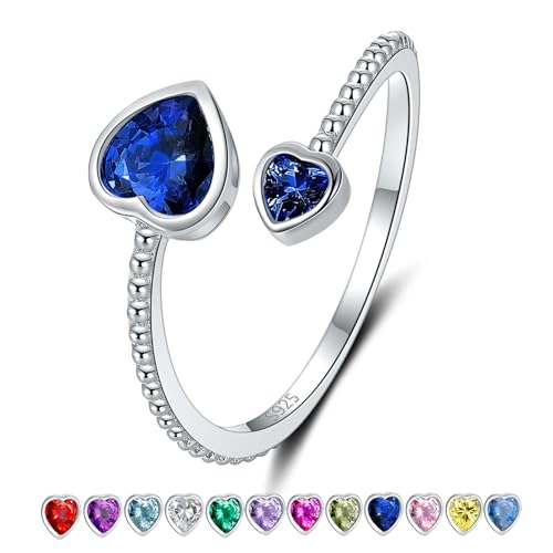 Step Forward 925 Sterling Silver Birthstone Rings for Women - Adjustable Open Heart Ring Constellation Month Band for Her Birthday Gifts Jewelry