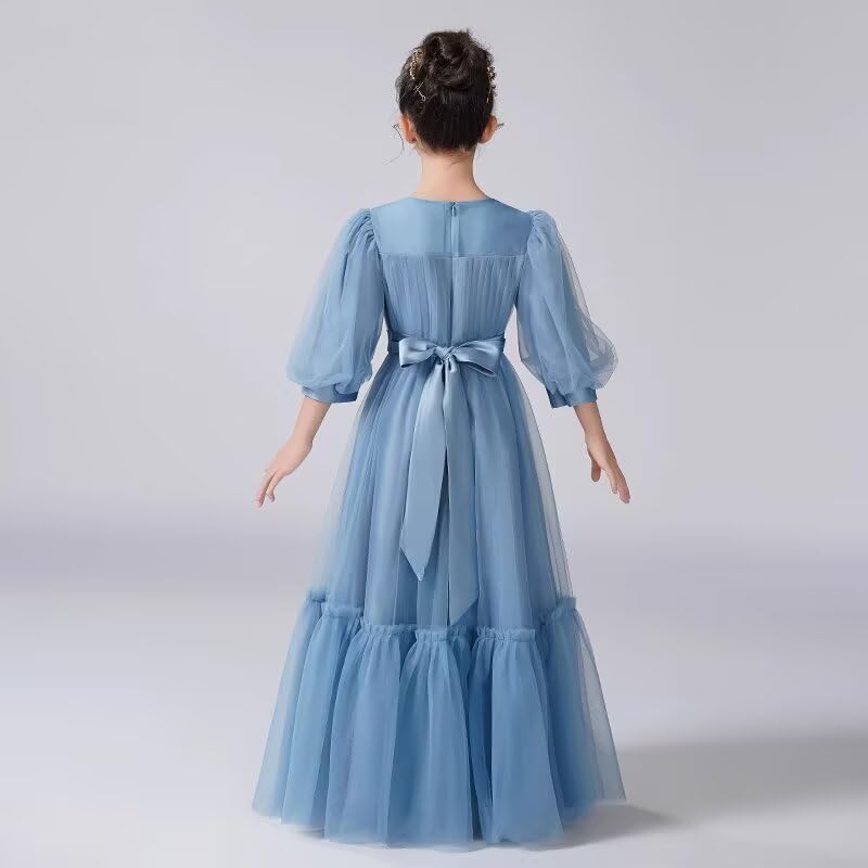 dideyttawl 3/4 Sleeves Puff Tulle All Lining Round Neck Long Flower Girl Dress for 4-16 Wedding Guest Dresses Ball Gown4