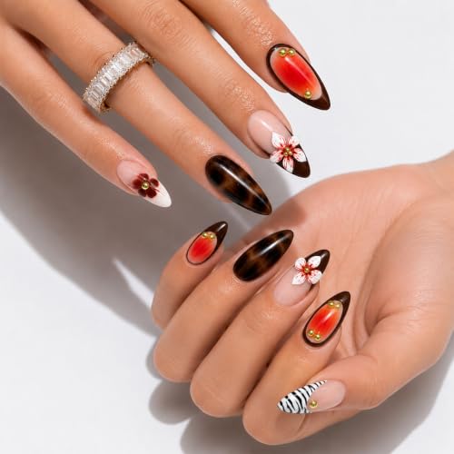 Image of Secret Lives Almond Press-On Nails 3D White,Orange Flower Tortoiseshell Nails with Gold Accents & Zebra French Tip Artificial Nail Art, 24-Piece Set with Kit