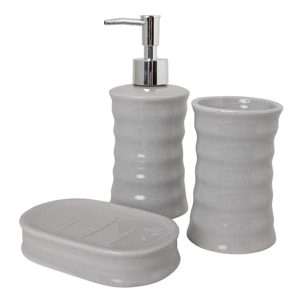 BERILO Set of 3 Bathroom Accessory, Soap Dispenser, Toothbrush Holder, Soap Dish, Grey
