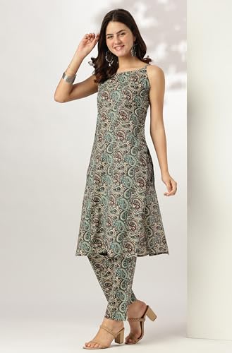 Image of Janasya Women Pure Cotton Ethnic Motifs Kurta & Pant Set Multi Color Trending Outfit Multicolour