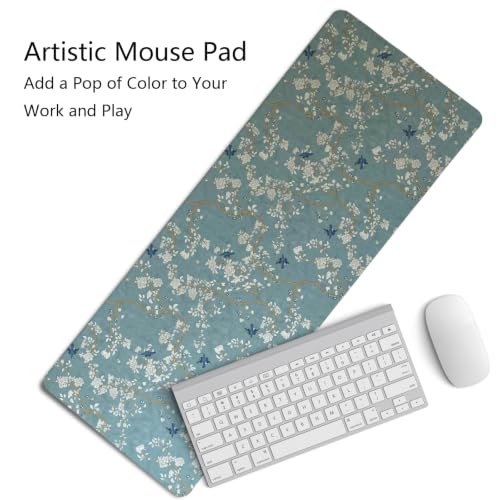Image of Vintage Chinoiserie Bird Mouse Pad,Dusty Blue Oriental Desk Mat