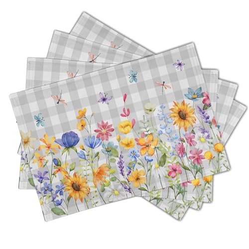 Giwawa Spring Floral Placemats, 12"x18" Summer Flowers Grey Checkered Linen Table Mats Set of 4, Watercolor Wildflower Butterfly Washable Heat Resistance for Seasonal Kitchen Dining Decor by Giwawa - Used condition - Image 2