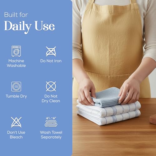 Image of Kitchen Towels Set of 4 Dish Towels Blue n White Waffle Weave Cotton Hand Towels, 18 x 28 Absorbent Kitchen Linens